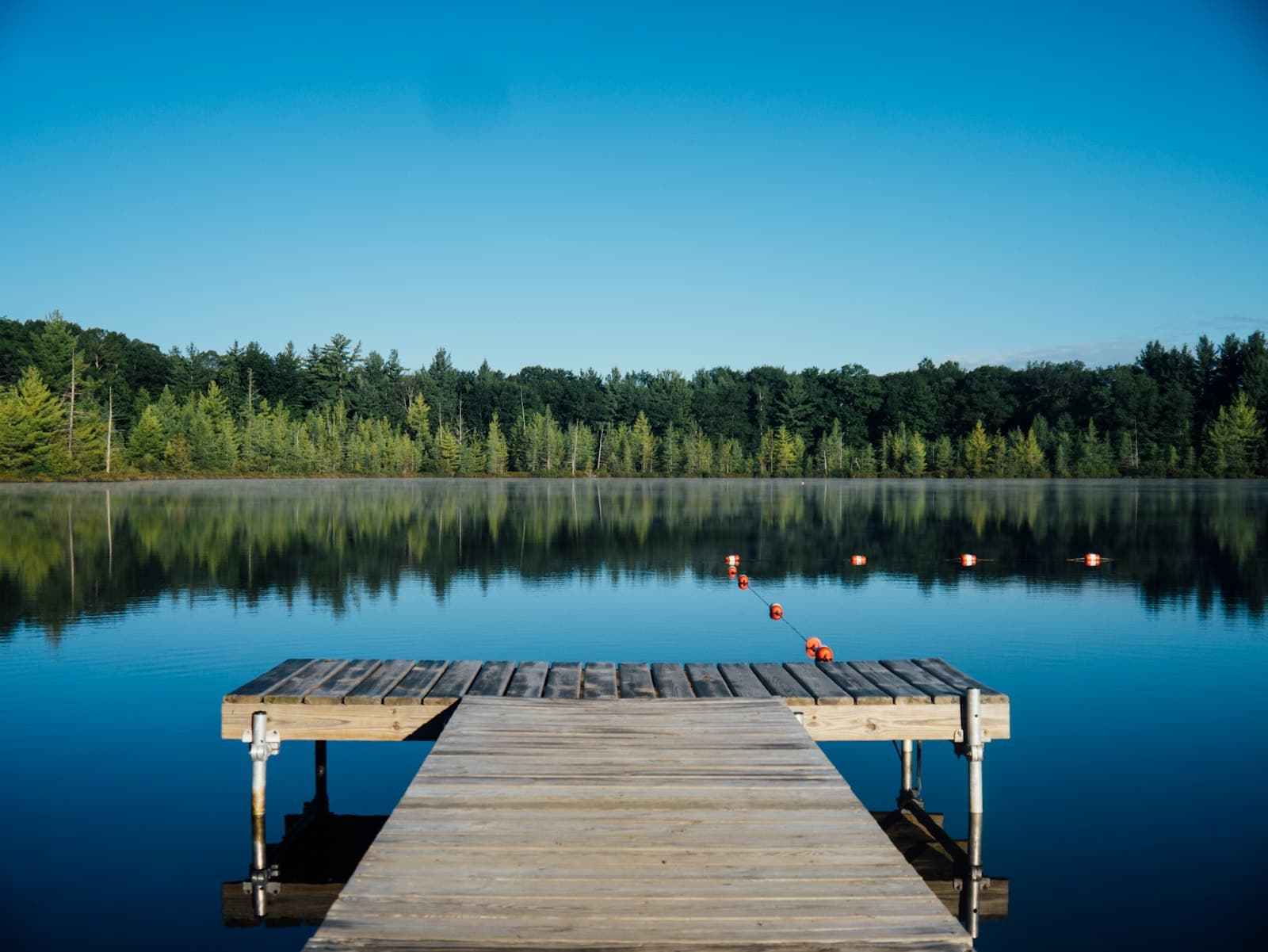 A quiet wooden dock reaching into still, mirror-calm water at first light